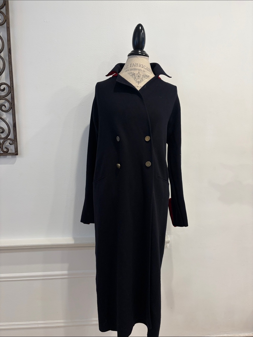 Zara Black Maxi Coat Dress with Red Trim